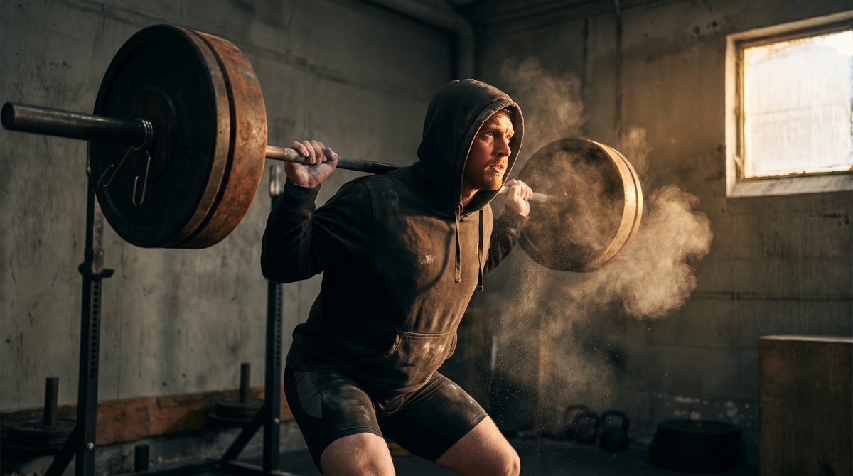 Athletische Person bei einer schweren Langhantel-Kniebeuge im Gym