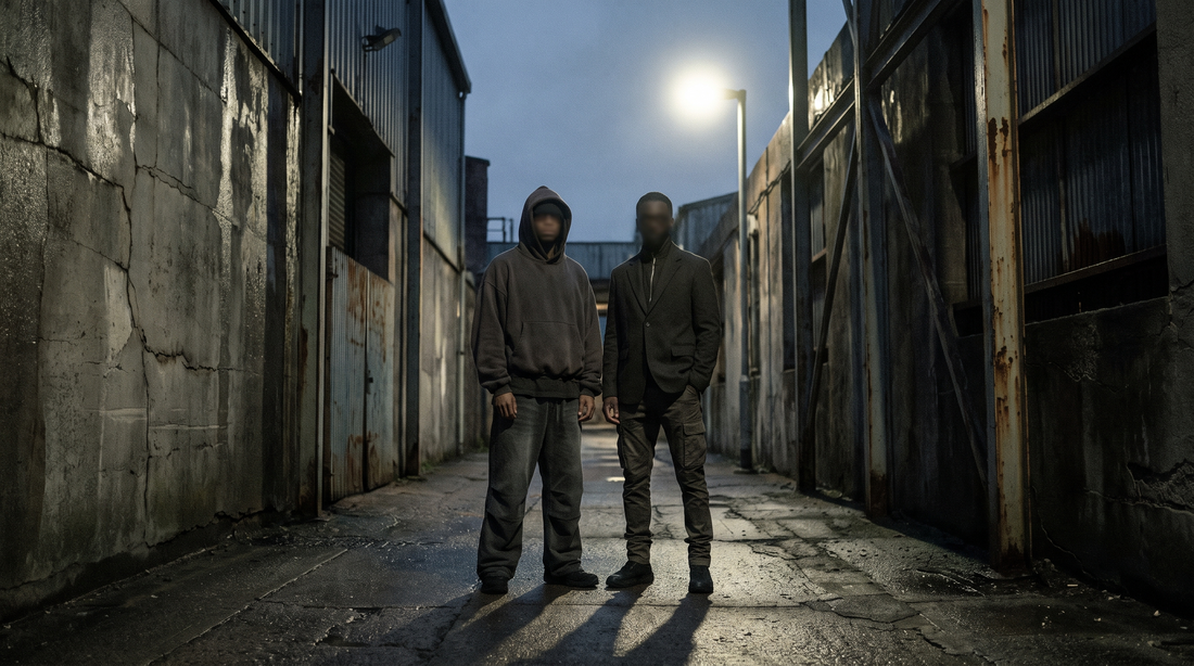 Zwei kontrastierende Streetwear-Silhouetten, Oversized-Hoodie neben Slim-Fit-Outfit, urbaner Hintergrund