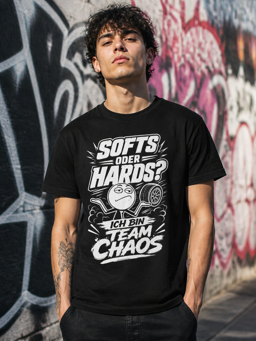 T-Shirt Team Chaos Model getragen von vorne, Urban Streetwear Print sichtbar