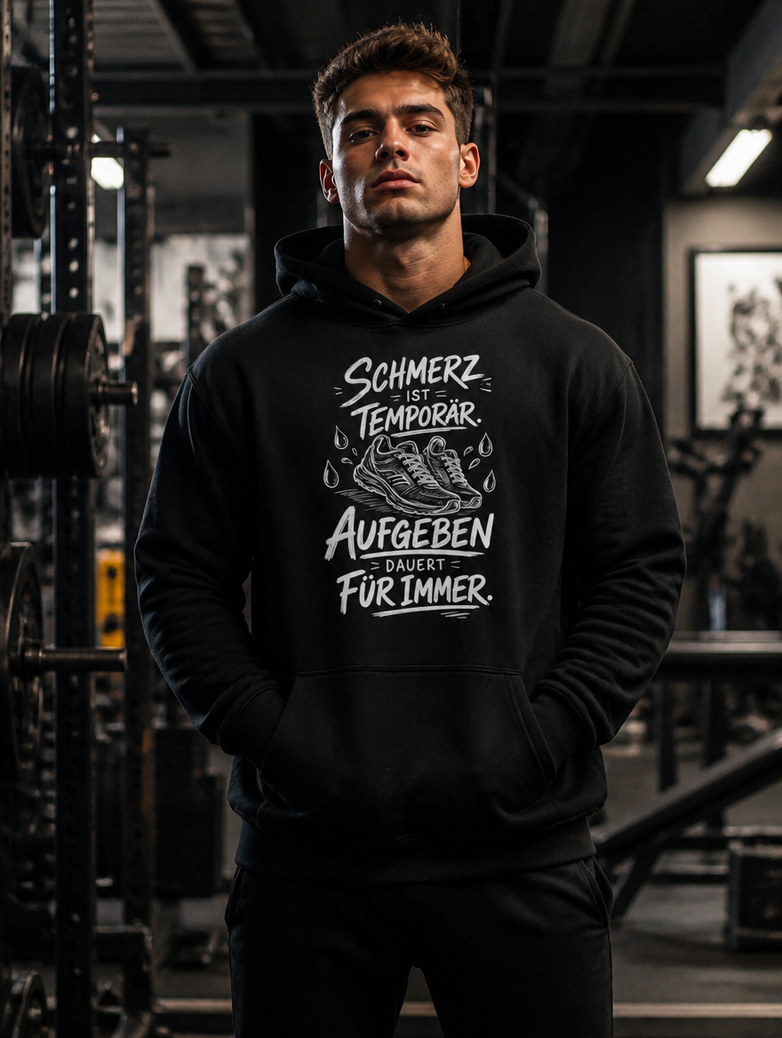 Hoodie Schmerz Model getragen von vorne, Gym Bodybuilding Print sichtbar