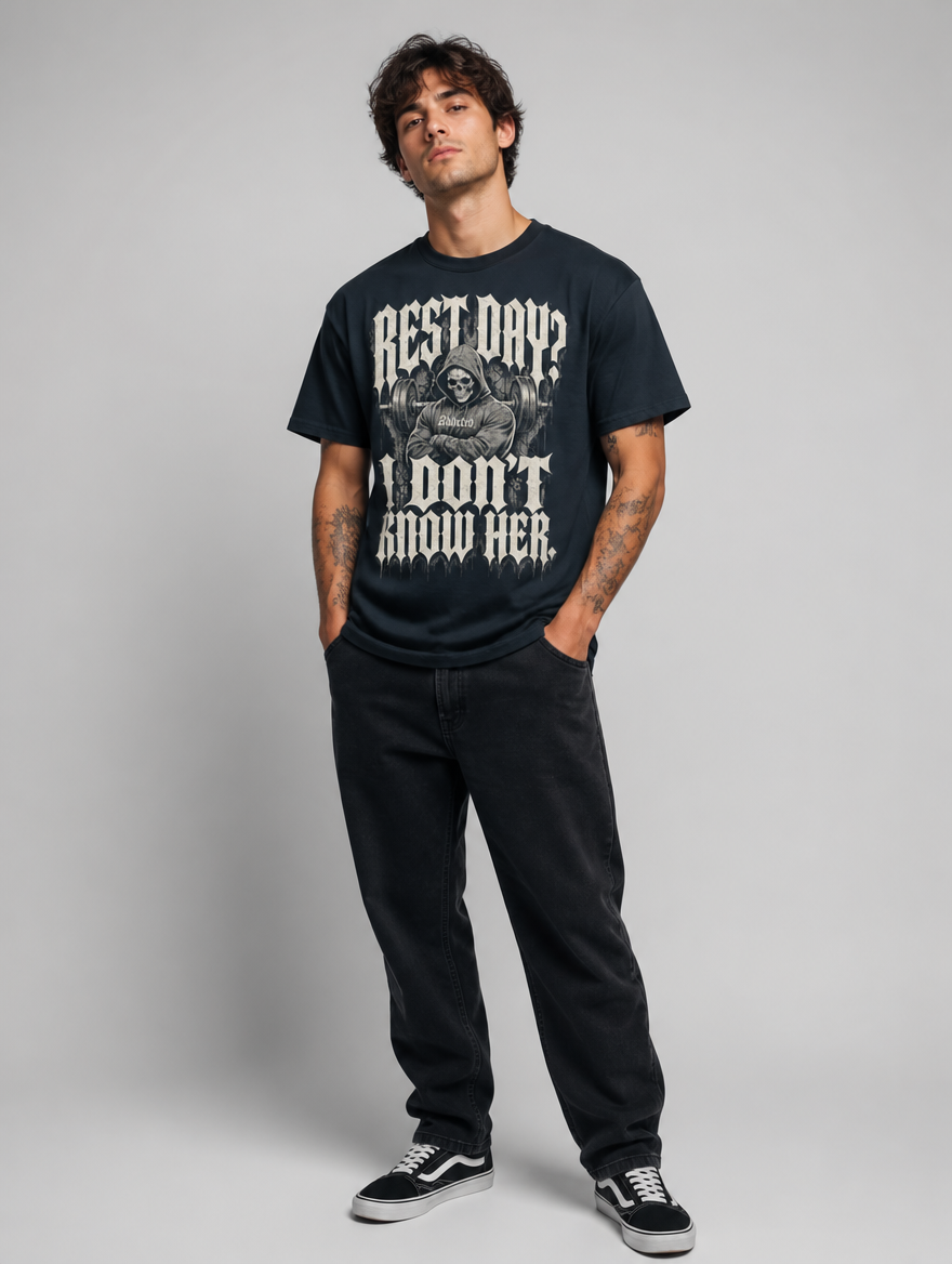 Model trägt T-Shirt "REST DAY" – Black Ursus