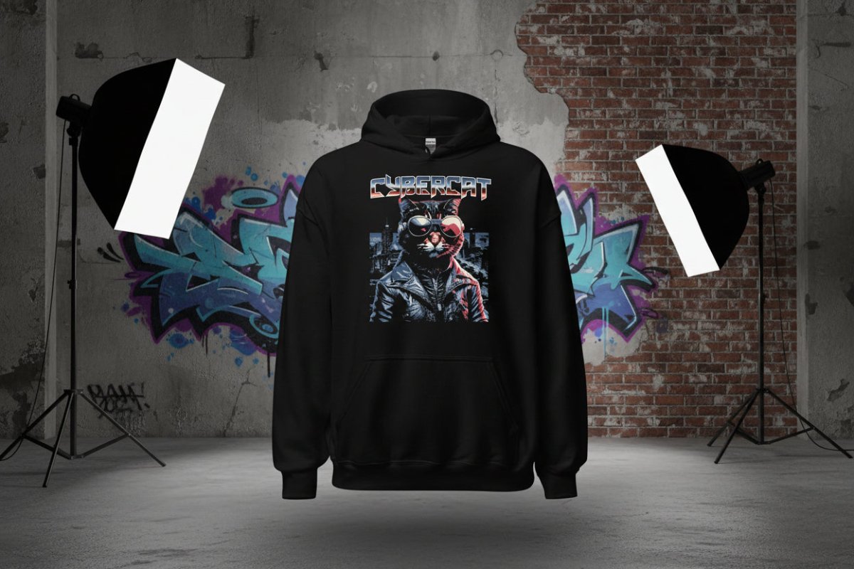 Unisex Hoodie "Cybercat" - Black Ursus | Urban Streetwear