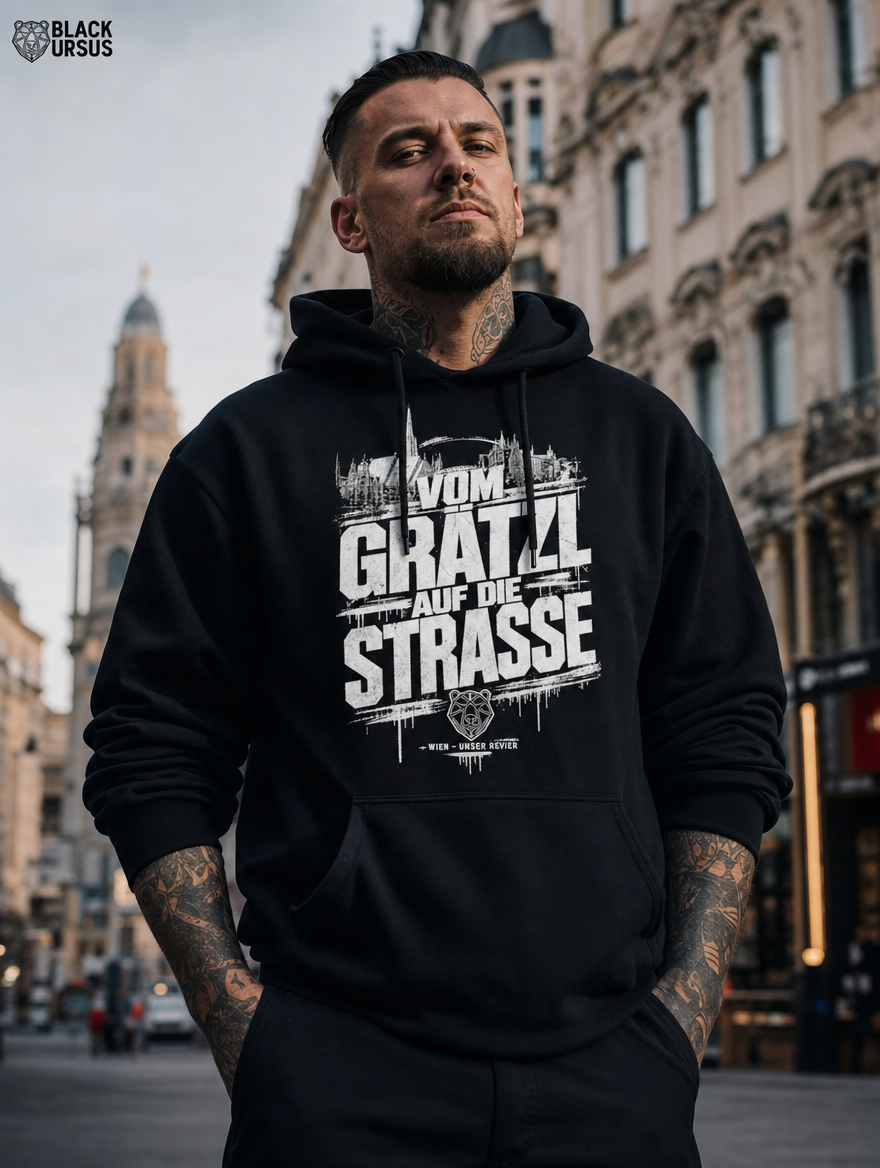 Hoodie "Vom Grätzl auf die Straße" – Urban Streetwear S–5XL | Black Ursus